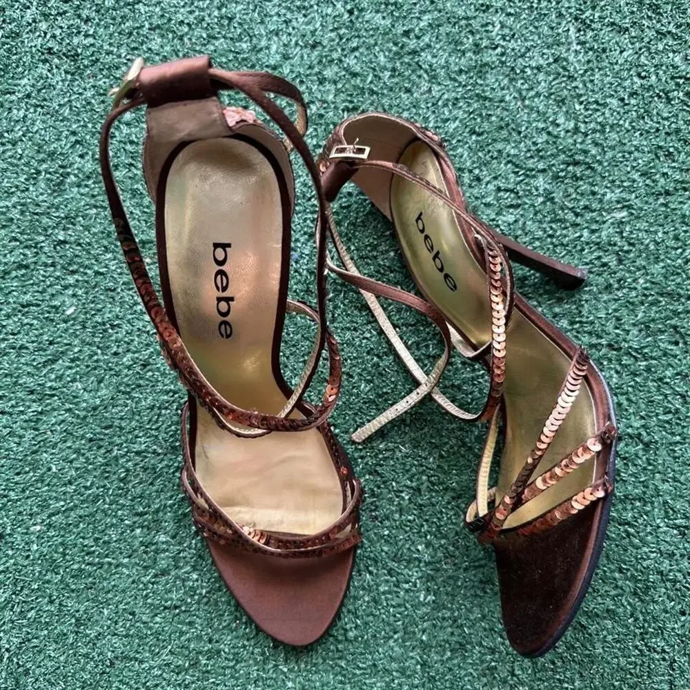 vintage bebe brown sequin heels